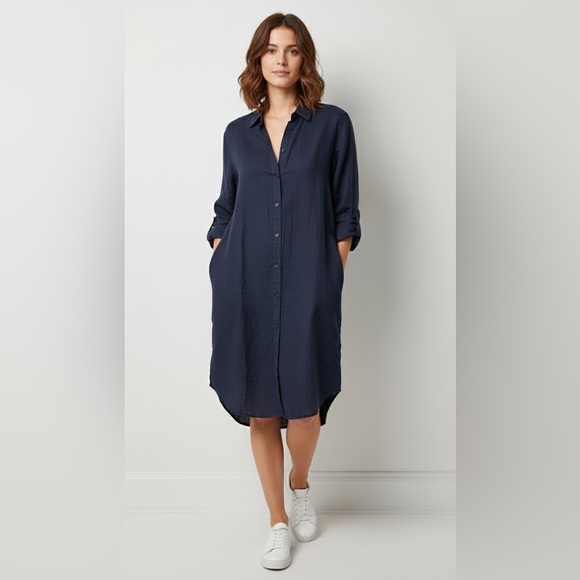 Roots Dresses & Skirts - Roots 100% Linen Button Down Shirt Dress Dark Navy — Size S